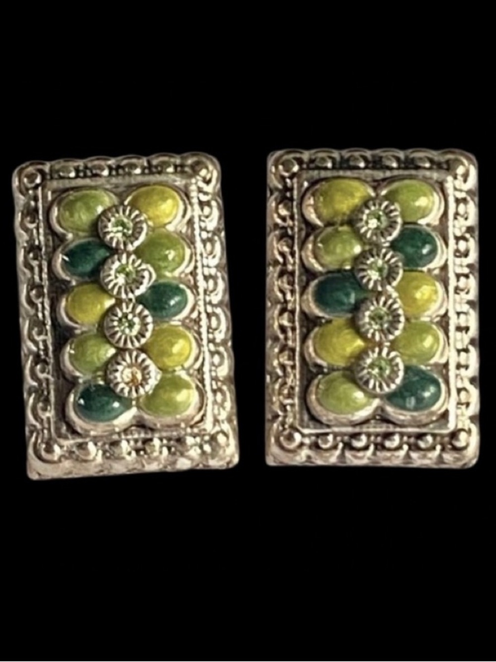 Vintage Silver Green Enamel Clear Rhinestones Stud Earrings Signed “Best”